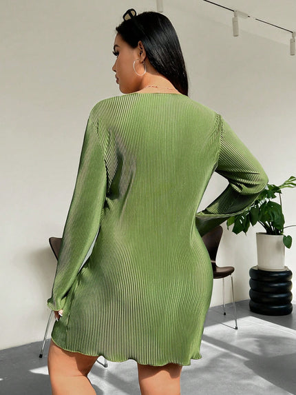 Honey Plus Size Lettuce Hem Round Neck Long Sleeve Mini Dress