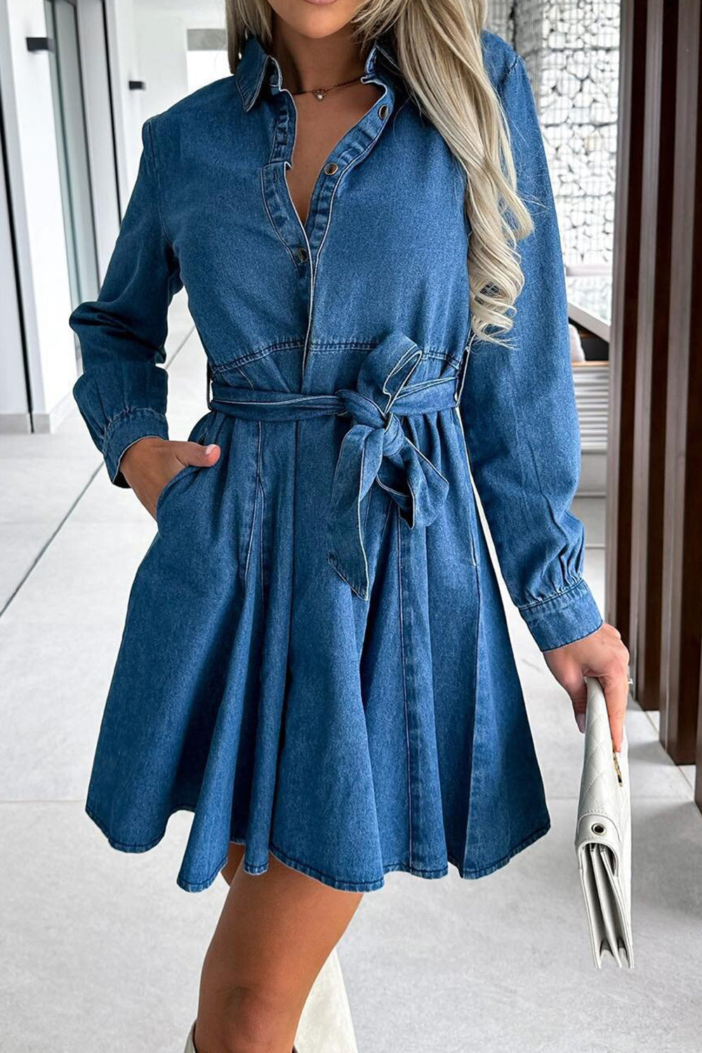 Tied Half Button Long Sleeve Denim Mini Dress