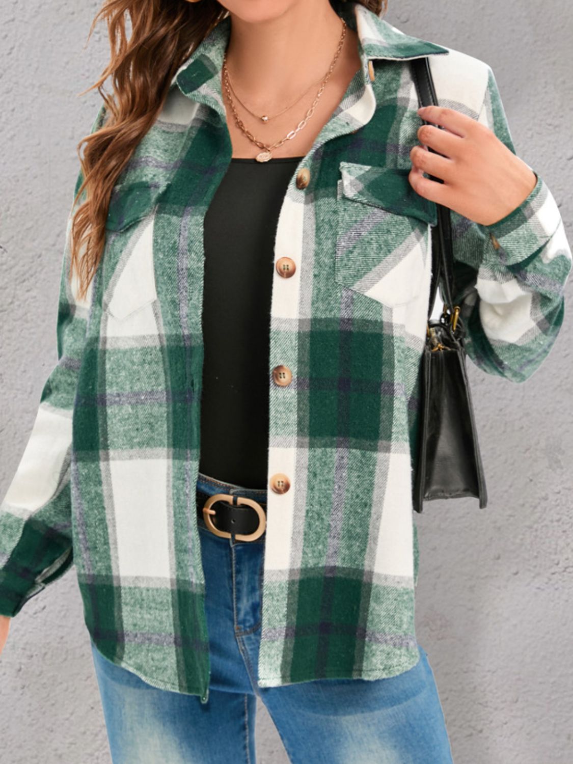 Full Size Pocketed Plaid Collared Neck Jacket