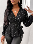 Heart Print Surplice Balloon Sleeve Blouse