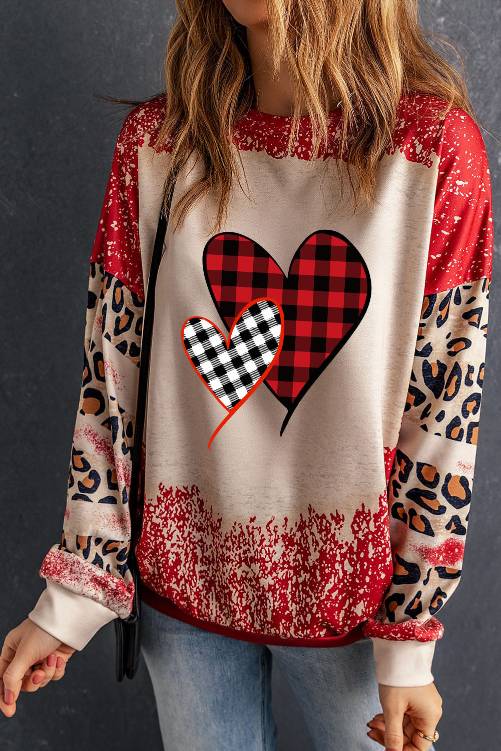 Heart Leopard Round Neck Sweatshirt