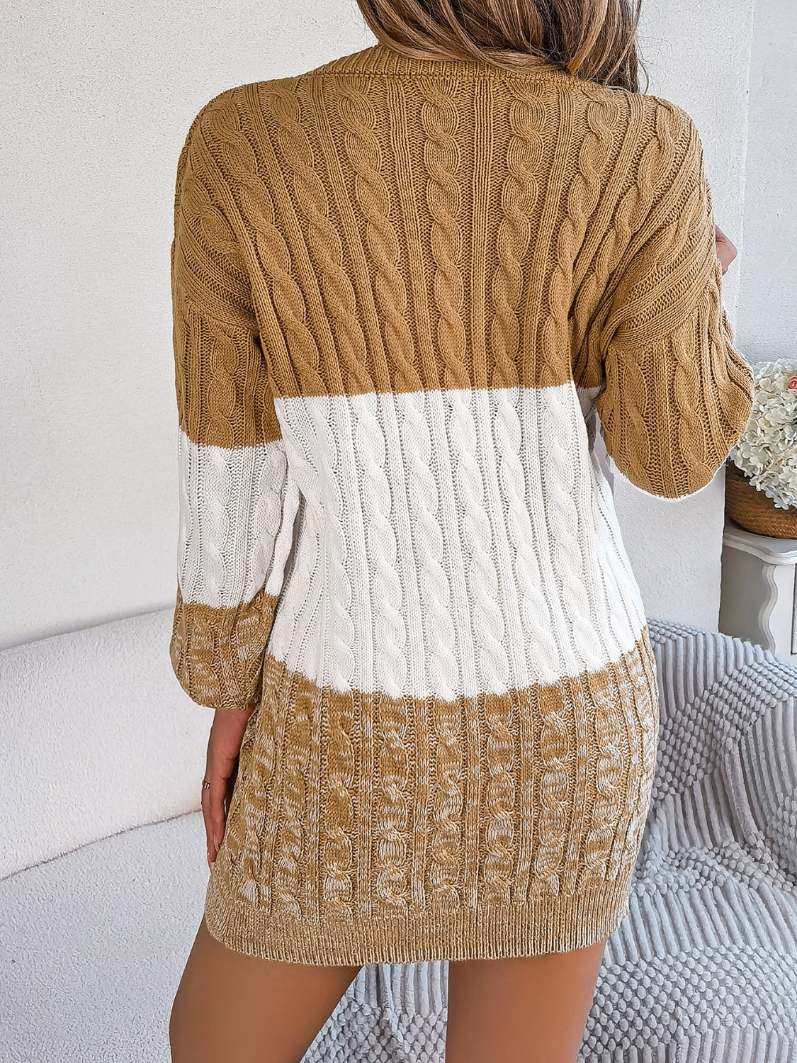 Cable-Knit Round Neck Color Block Sweater Mini  Dress