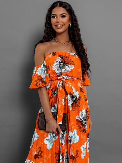 Pleated Floral Off-Shoulder Short Sleeve Maxi Dress