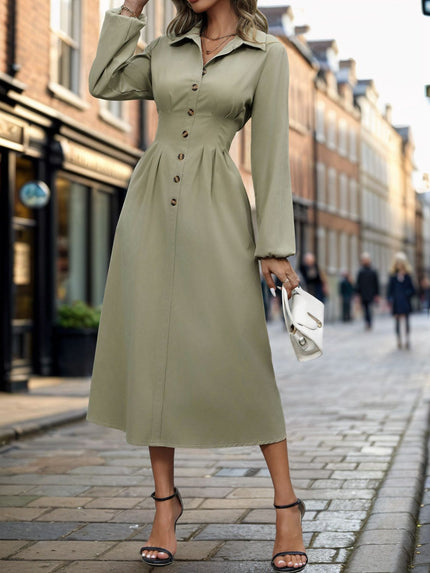 Perfee Smocked Half Button Long Sleeve Midi Dress