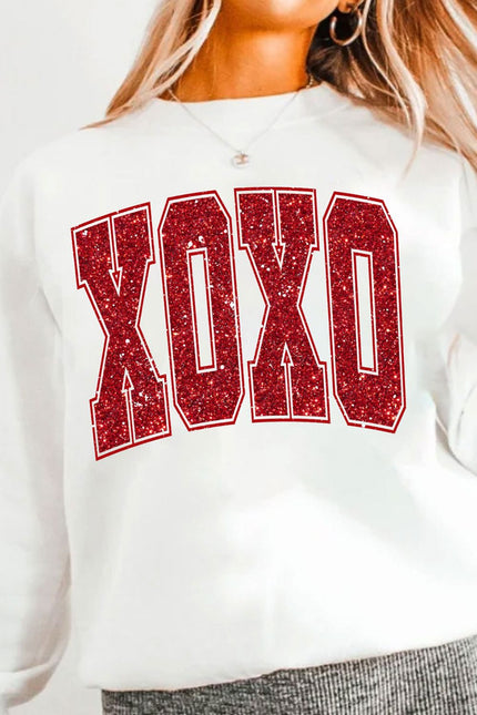 Valentine’s Day XOXO Glitter Round Neck Sweatshirt