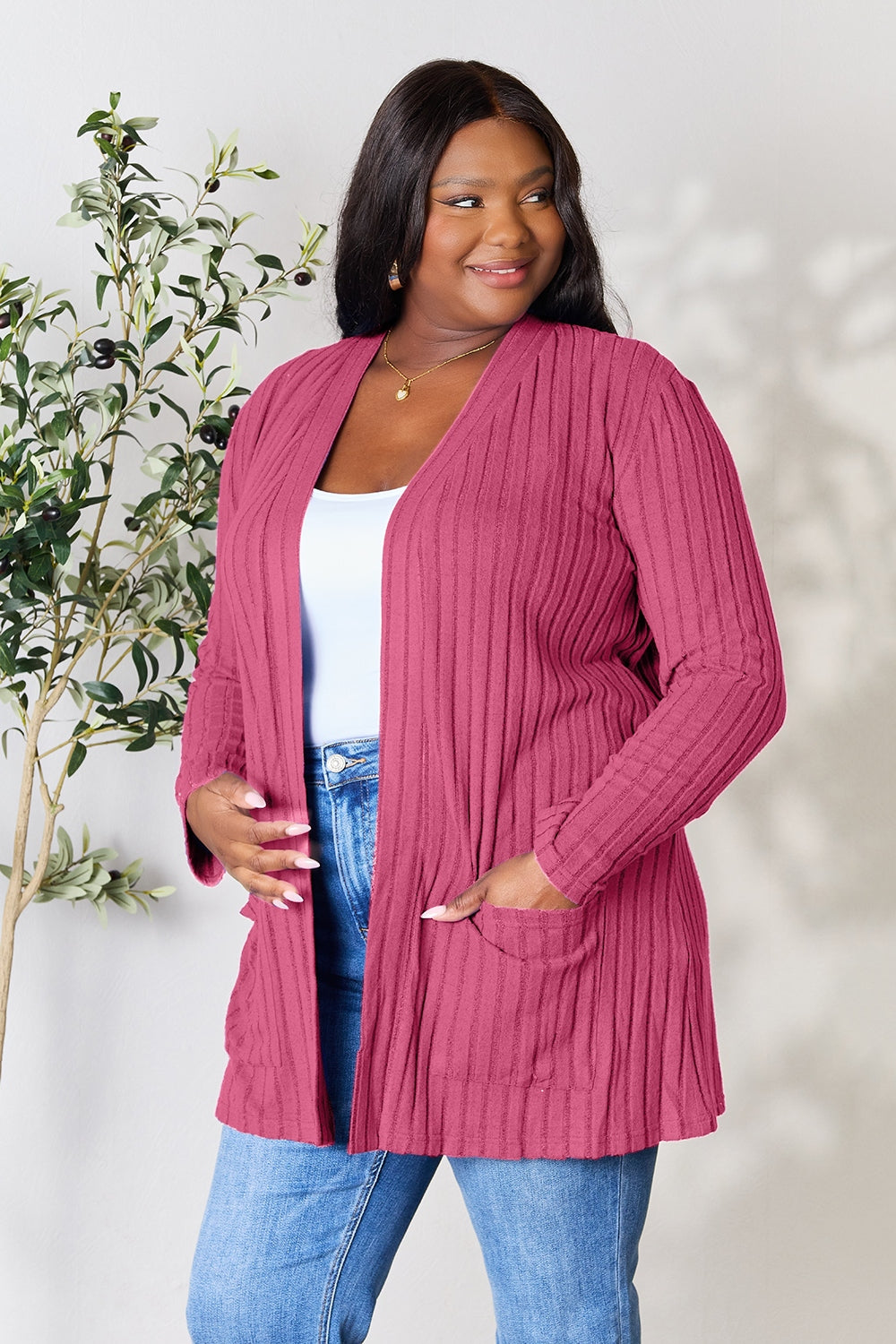 Full Size Ribbed Open Front Cardigan with Pockets