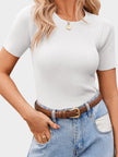 Mandy Ribbed Round Neck Short Sleeve Knit T-Shirt