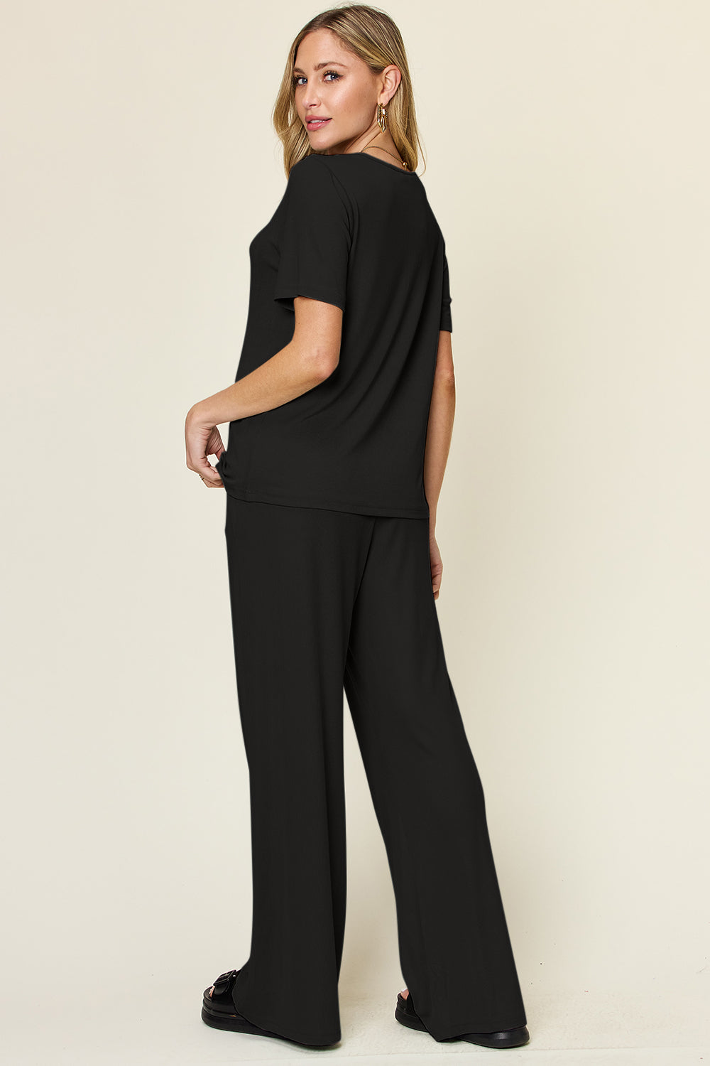 Double Take Full Size Round Neck Short Sleeve Top and Wide Leg Pants Set