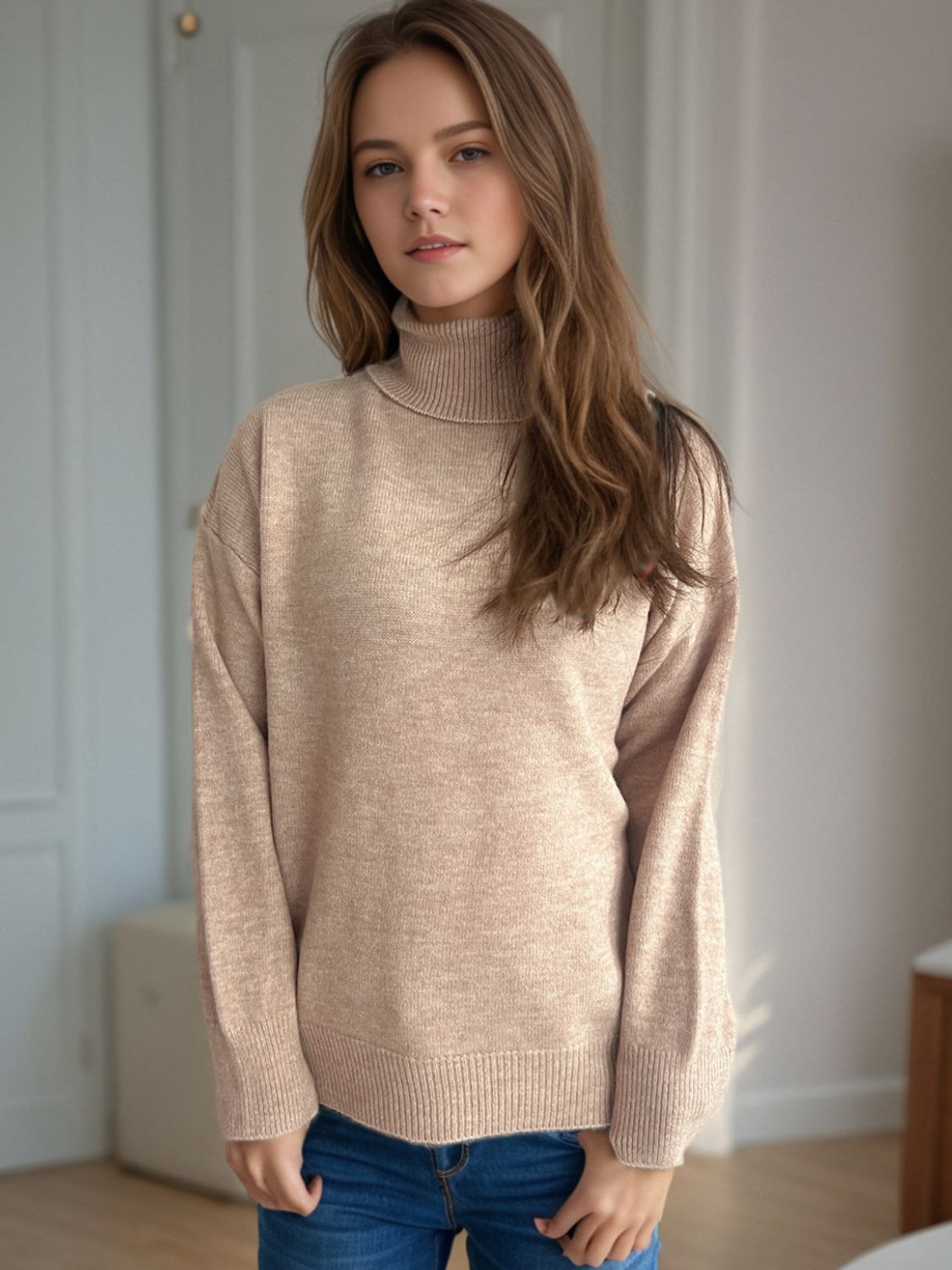 Turtleneck Dropped Shoulder Long Sleeve Sweater