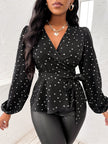 Heart Print Surplice Balloon Sleeve Blouse