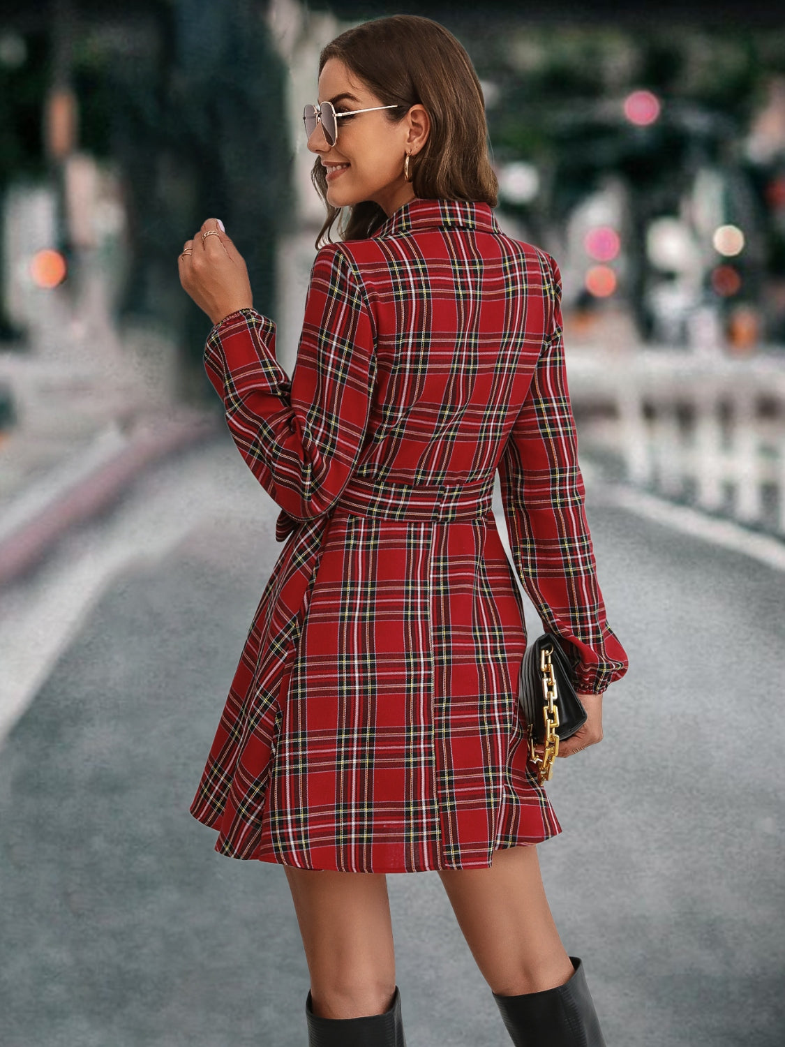 Plaid Tie Front Collared Neck Long Sleeve Mini Dress