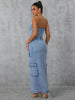 Slit Half Button Tube Denim Maxi Dress