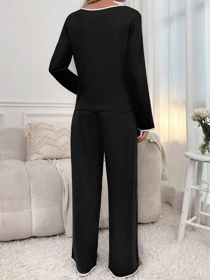 Contrast Trim Notched Long Sleeve Top and Pants Pajama Set