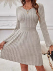 Smocked Round Neck Long Sleeve Knee Length Dress