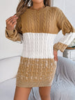 Cable-Knit Round Neck Color Block Sweater Mini  Dress