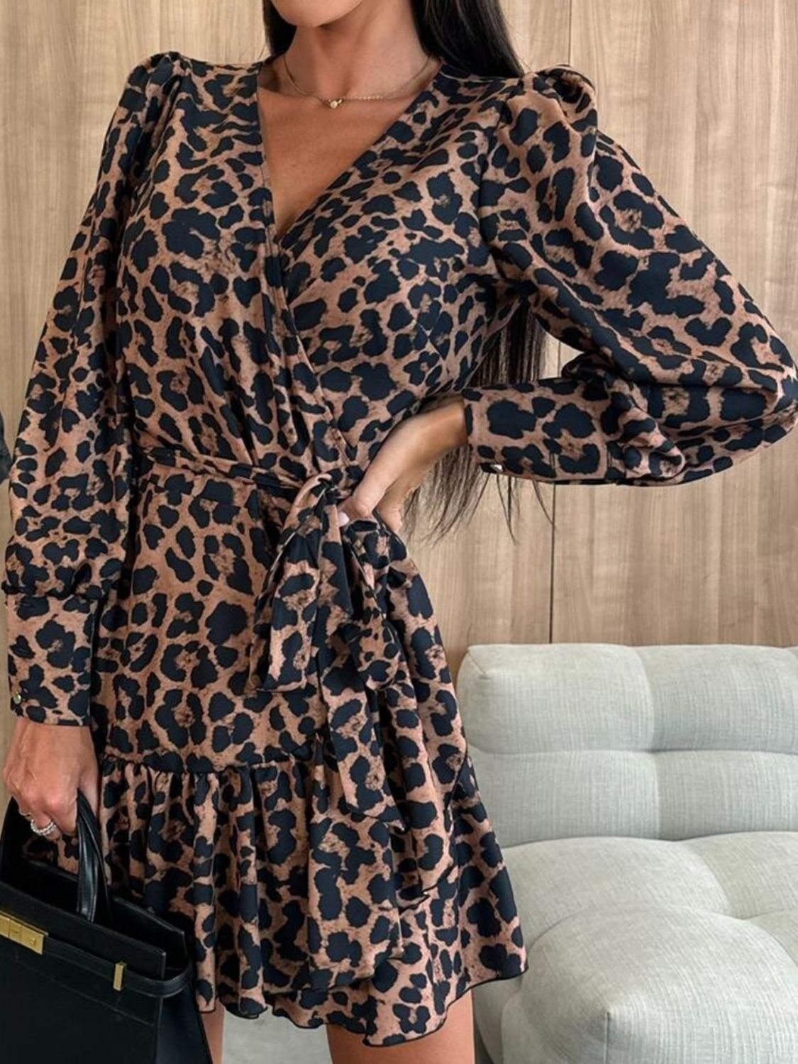 Tied Leopard Surplice Long Sleeve Mini Dress