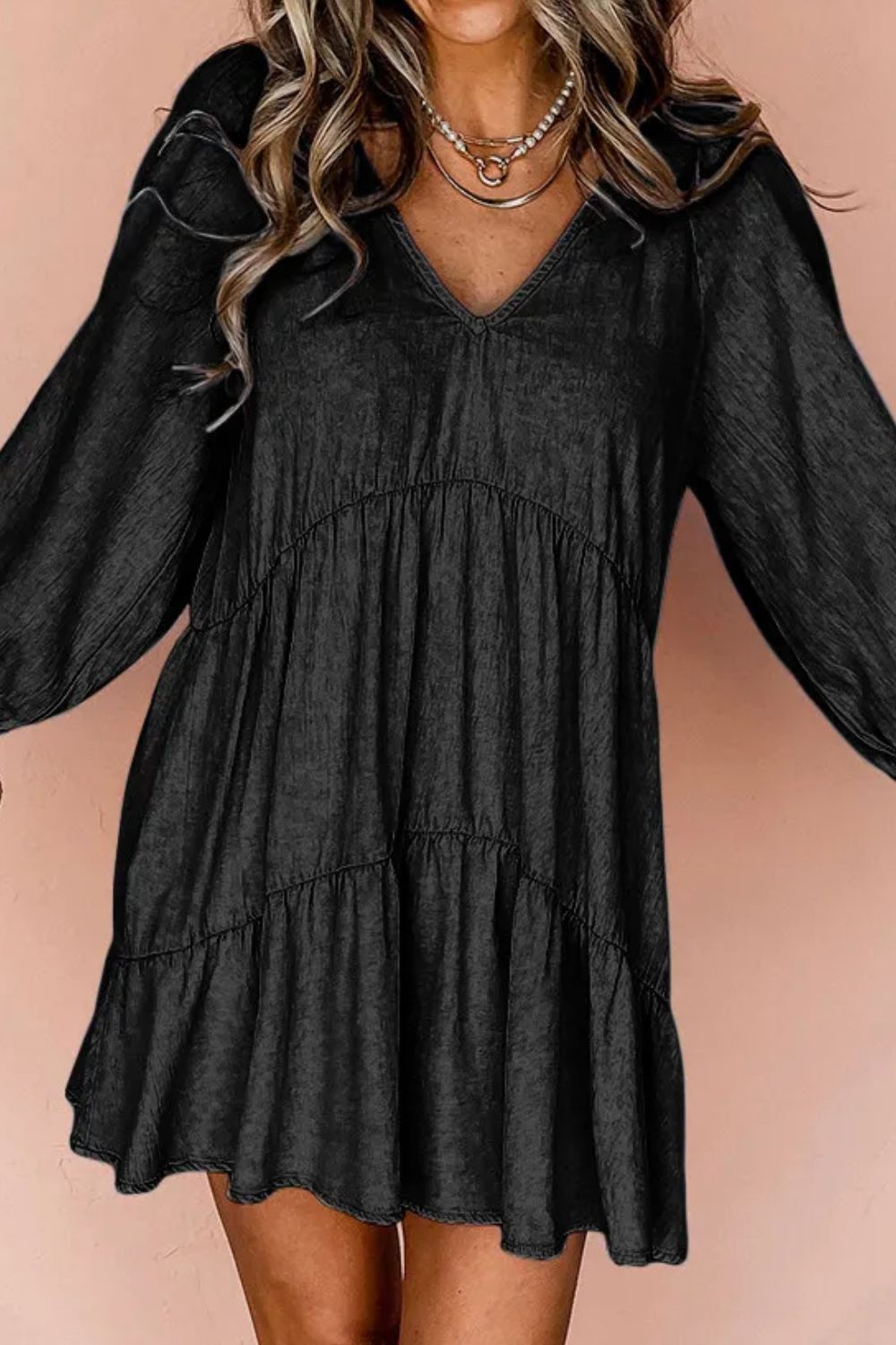 V-Neck Three-Quarter Sleeve Denim Mini Dress