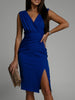 Slit Ruched Surplice Midi Dress