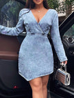 Surplice Long Sleeve Denim Mini Dress