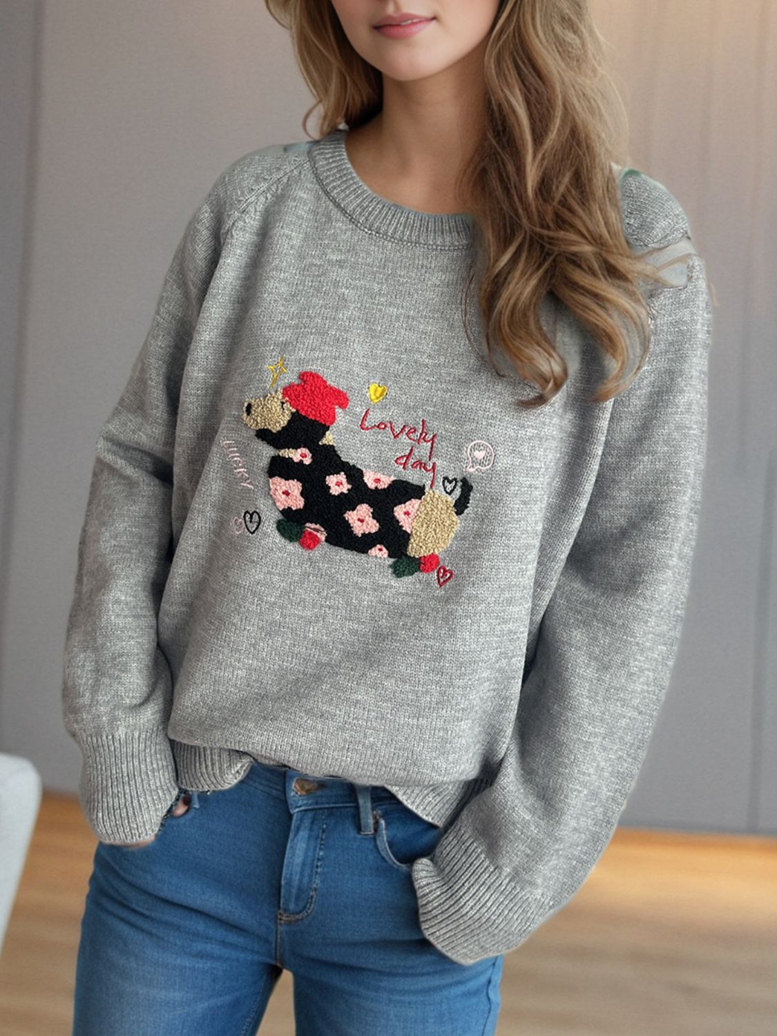 Puppy Round Neck Raglan Sleeve Sweater