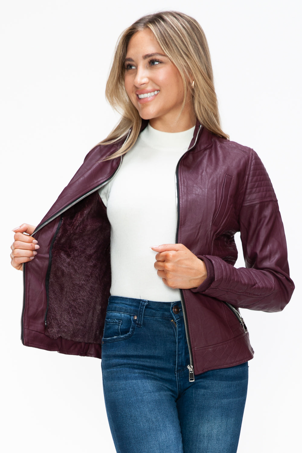 Faux Layered Double-Zipper Jacket with Fuzzy Hood