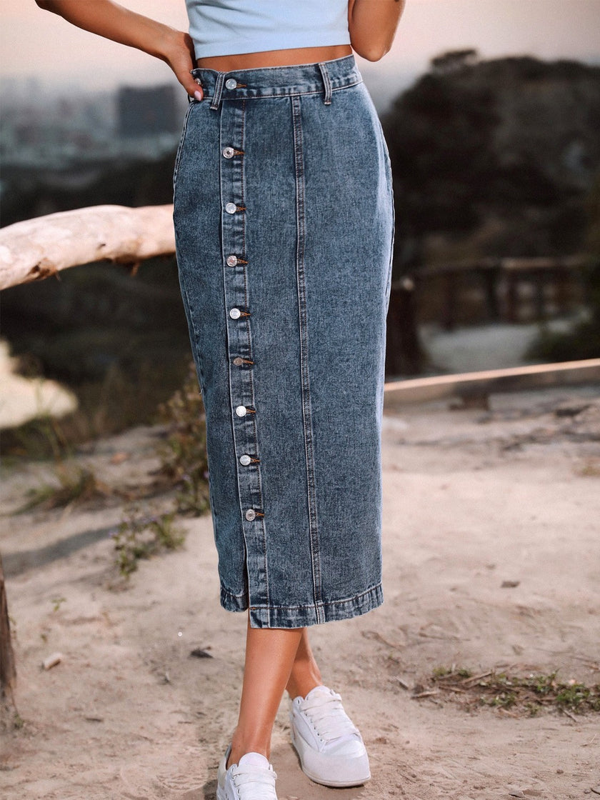 Button Down Denim Skirt - QuaintQuest Fashion