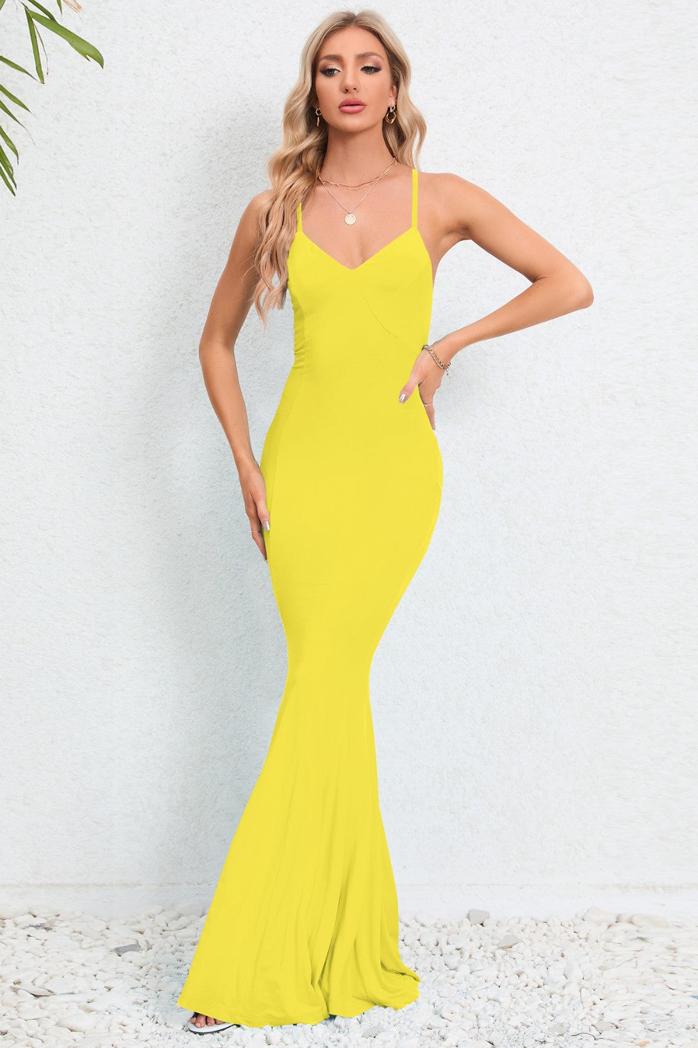 Crisscross Spaghetti Strap Fishtail Maxi Dress