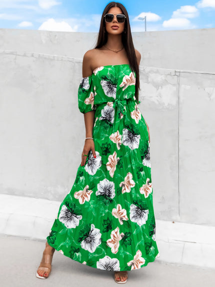 Pleated Floral Off-Shoulder Short Sleeve Maxi Dress