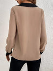 Contrast Trim V-Neck Long Sleeve Blouse