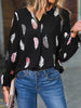 Feather Print Notched Balloon Sleeve Blouse