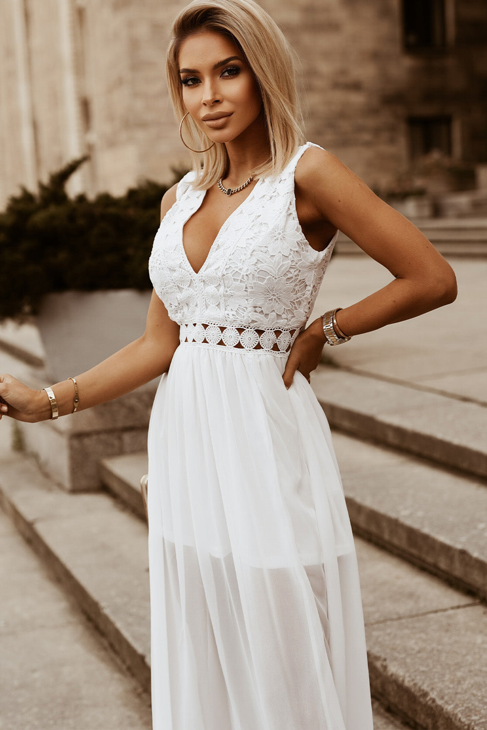 Slit Lace Detail V-Neck Maxi Dress