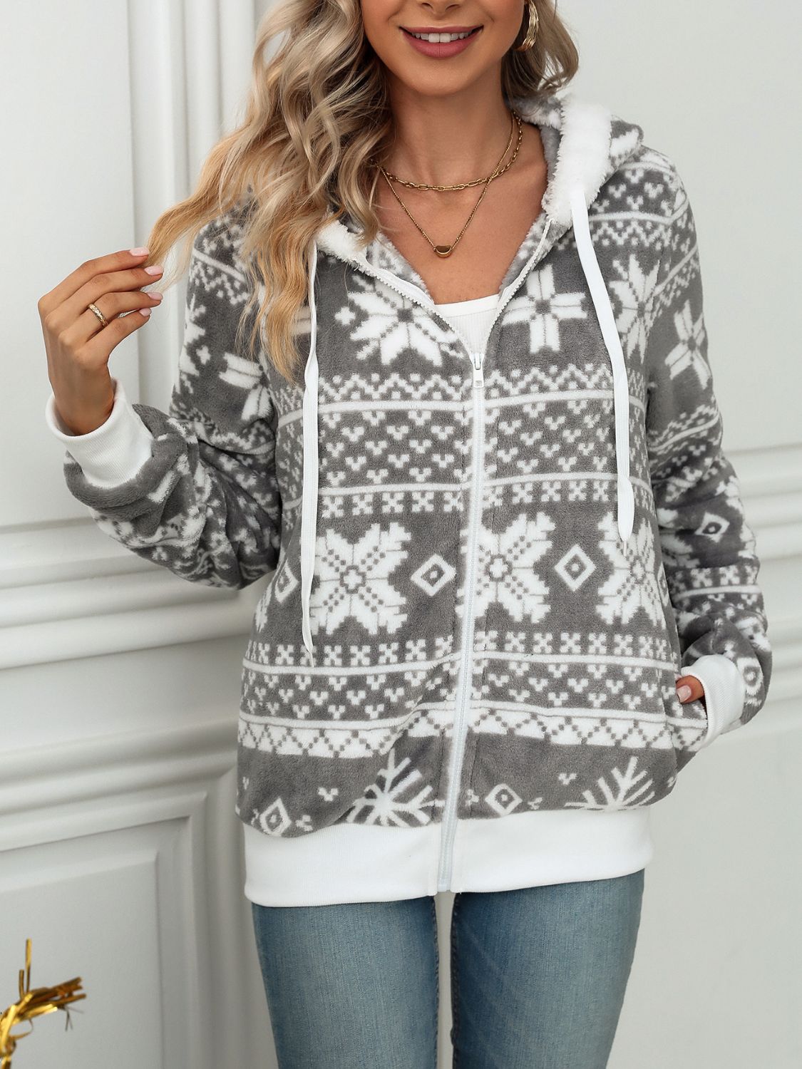 Drawstring Snowflake Zip Up Hooded Jacket