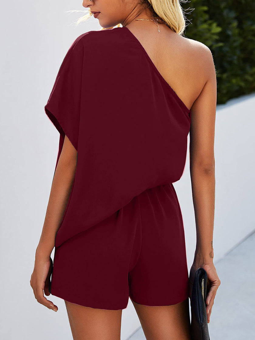 Single Shoulder Batwing Sleeve Romper - QuaintQuest Fashion