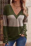 Decorative Button Contrast V-Neck Long Sleeve Sweater