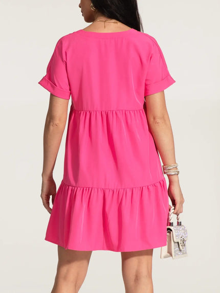 V-Neck Short Sleeve Ruffle Hem Mini Dress