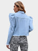 Raw Hem Collared Neck Puff Sleeve Denim Jacket