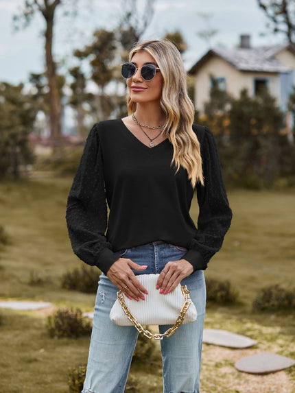 Swiss Dot V-Neck Long Sleeve Blouse