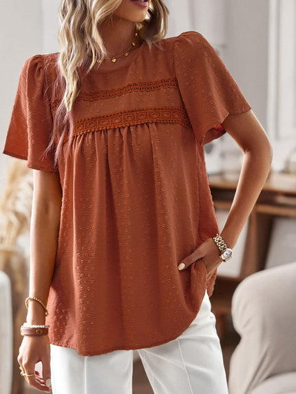 Devine Lace Detail Round Neck Short Sleeve Blouse