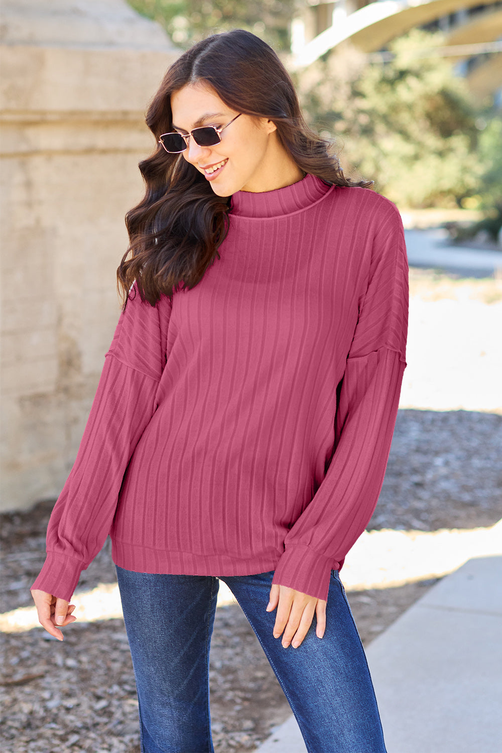 Basic Bae Full Size Ribbed Exposed Seam Mock Neck Knit Sweater