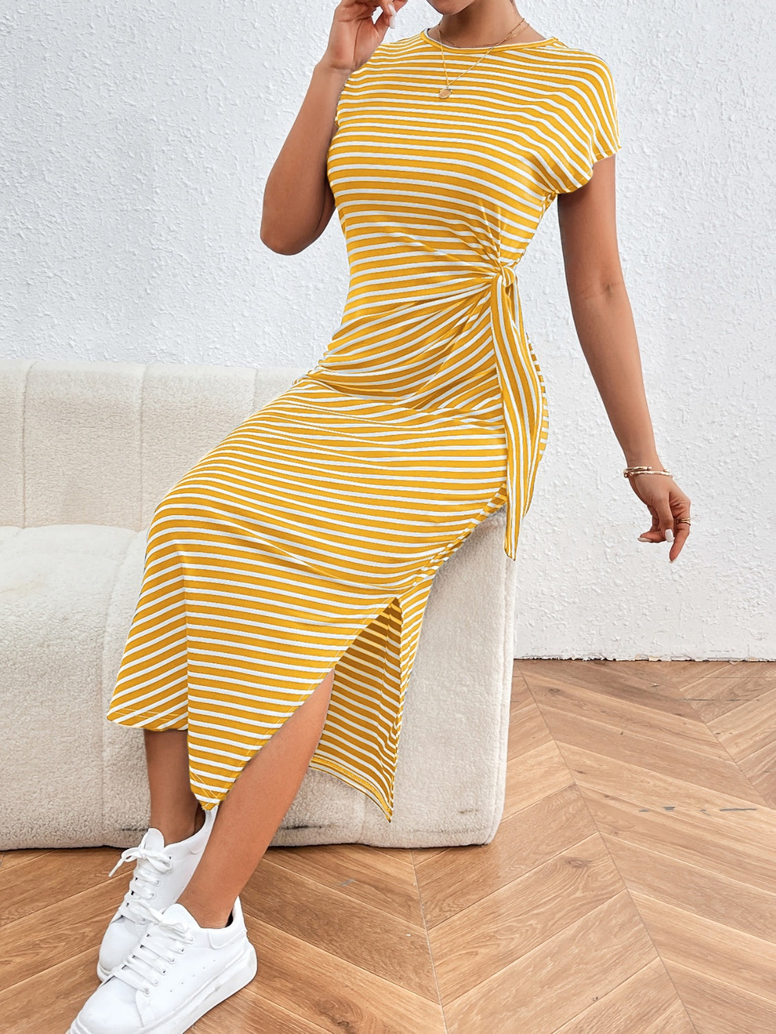 Tied Striped Round Neck Short Sleeve Maxi Tee Dress