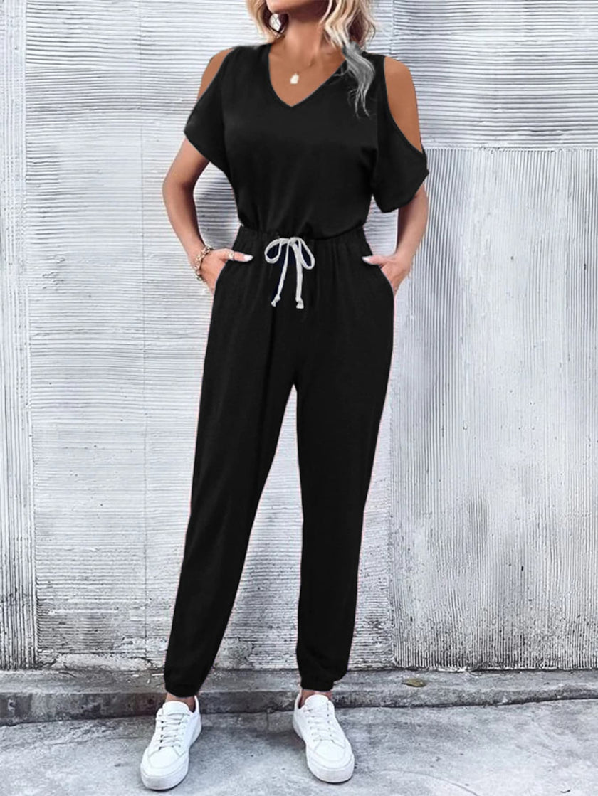 V-Neck Cold-Shoulder Jumpsuit with Pockets - QuaintQuest Fashion