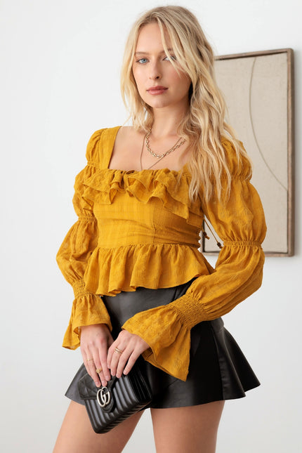 Mustard Seed Boho Shirred Smocked Peplum Long Sleeve Blouse