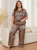 Plus Size Leopard Short Sleeve Top and Pants Pajama Set