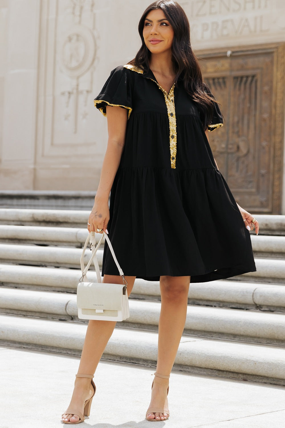 Sequin Half Button Short Sleeve Mini Dress