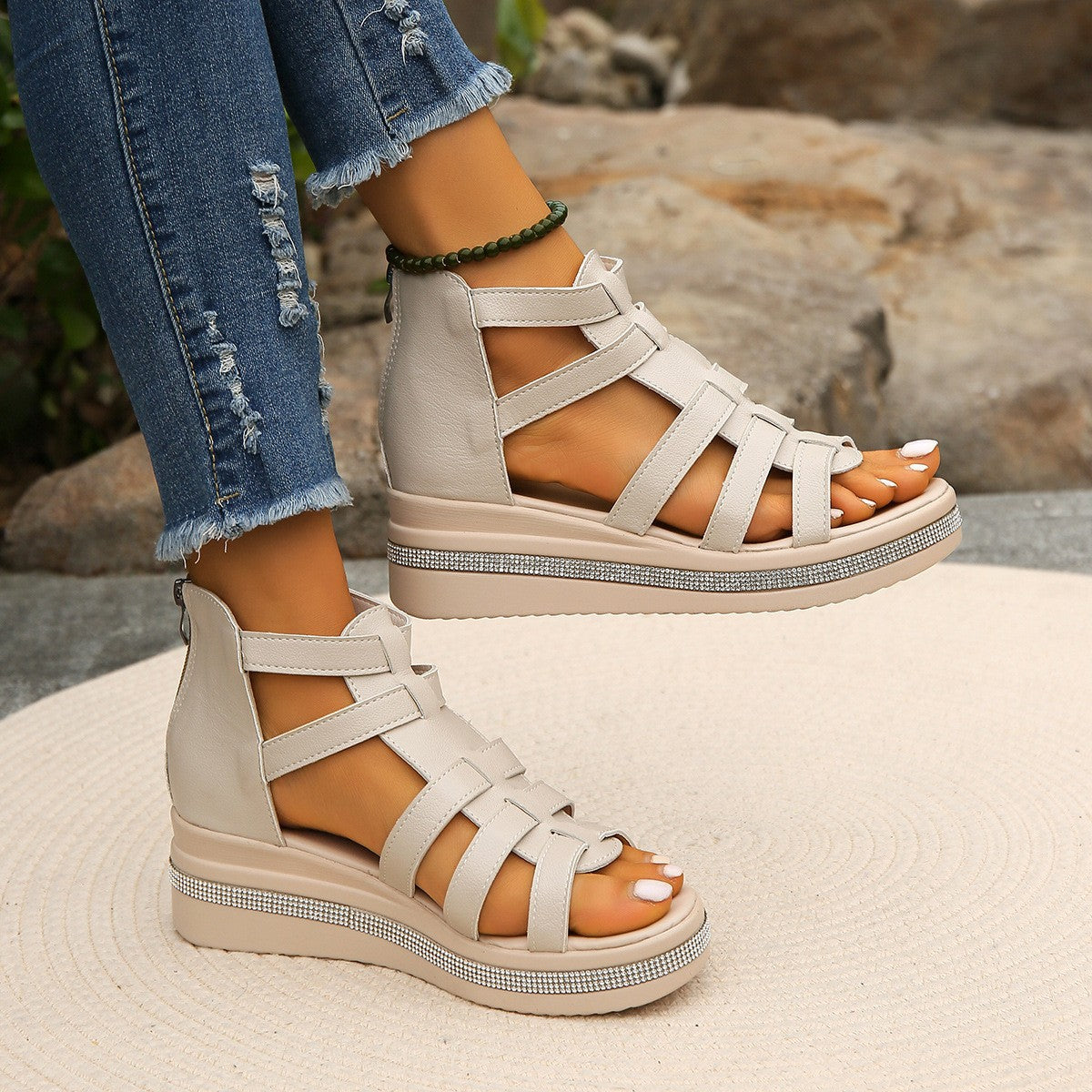 Cutout Rhinestone Trim Wedge