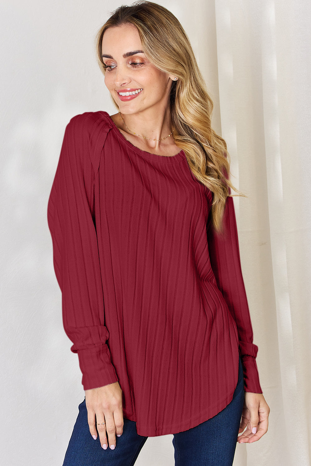 Bae Full Size Ribbed Round Neck Slit T-Shirt