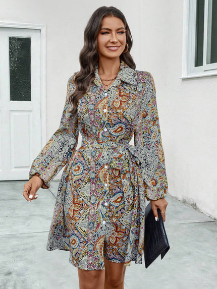 Printed Collared Neck Long Sleeve Mini Dress