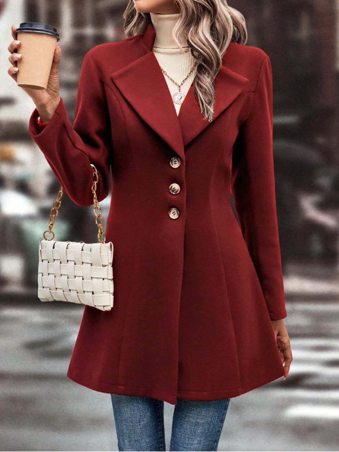 Collared Neck Button Up Long Sleeve Coat