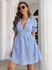 Decorative Button Plaid Short Sleeve Mini Dress