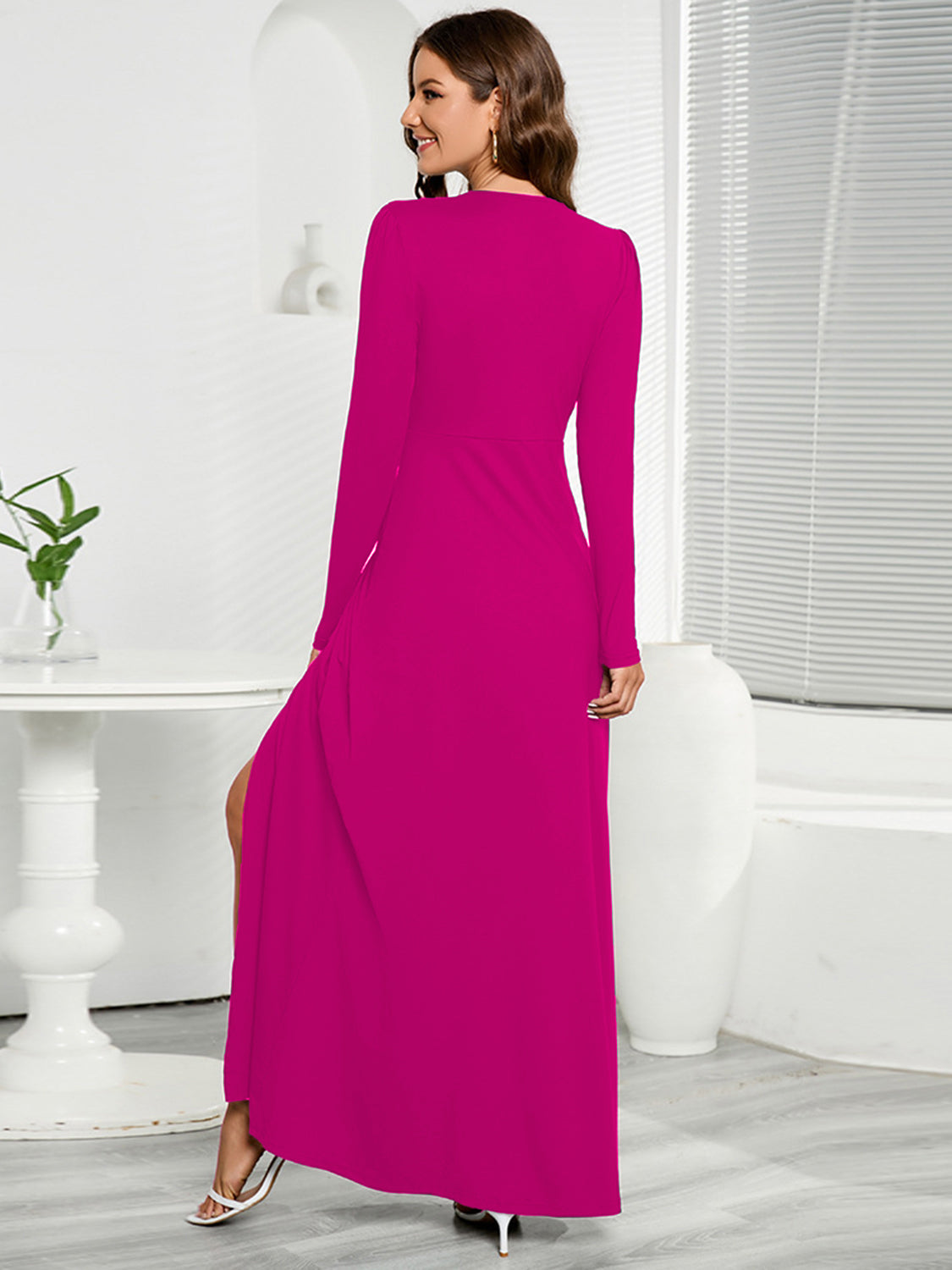 V-Neck Long Sleeve Split Maxi Dress